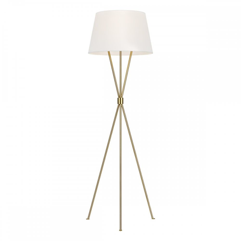 Tripod Floor Lamp In Burnished Brass Finish With White Linen Shade Inside White Shade Floor Lamps (View 8 of 15)