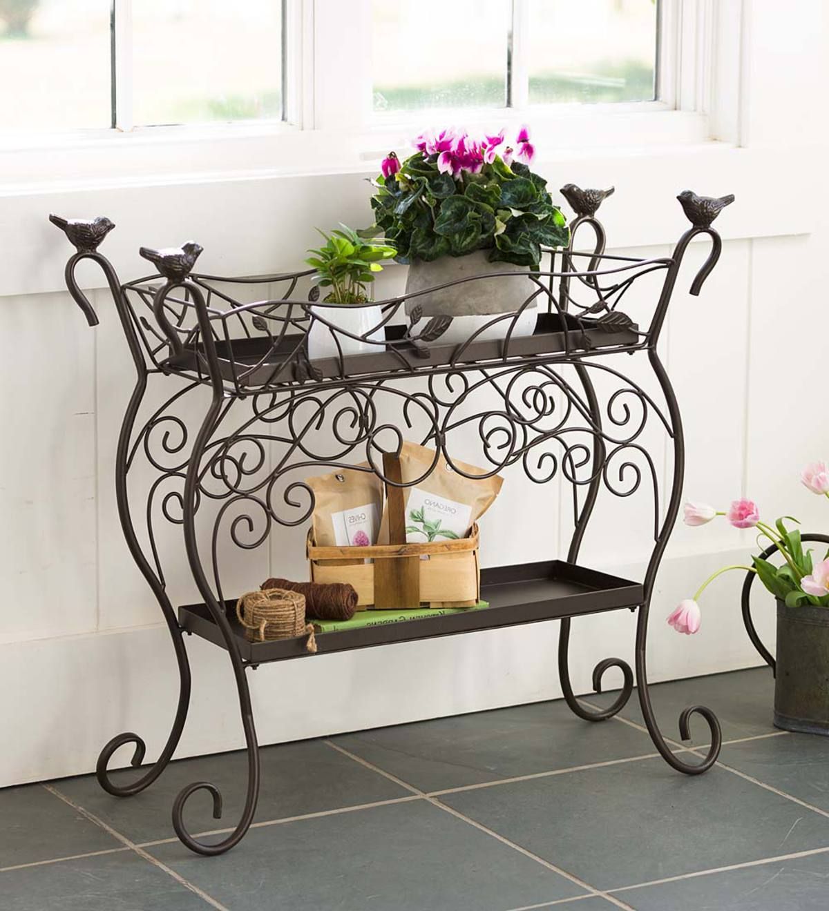 Two Shelf Cast Iron Plant Stand With Birds | Plowhearth Intended For Iron Plant Stands (Photo 5 of 15)