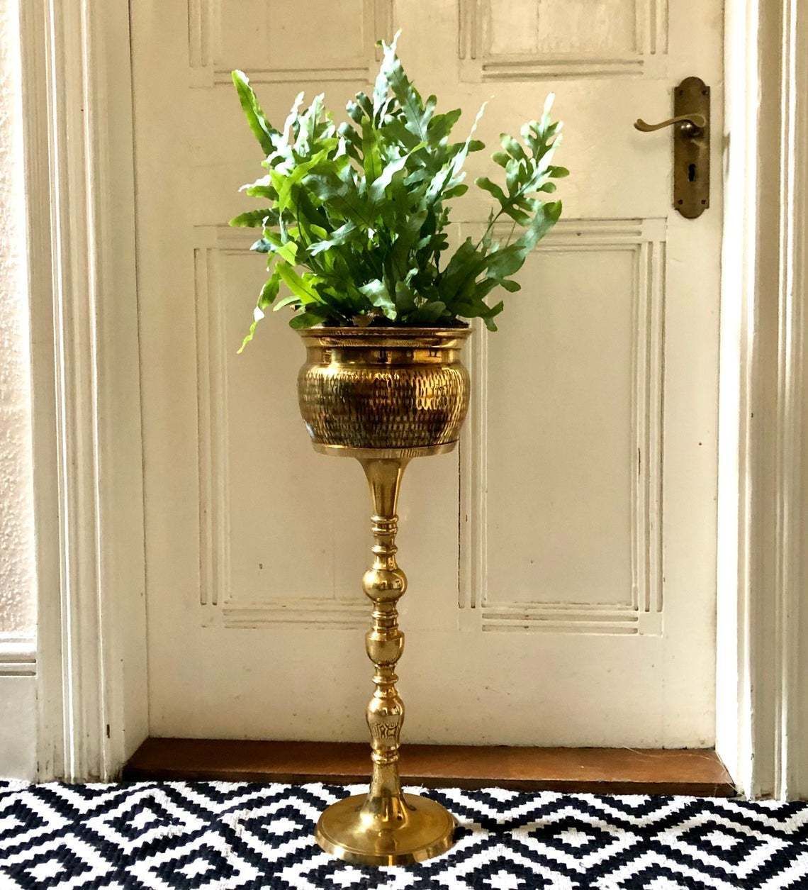 Vintage Brass Planter And Plant Stand 25”, Tall Pedestal And Brass  Jardiniere, Gold Plinth | Vinterior With Brass Plant Stands (Photo 7 of 15)