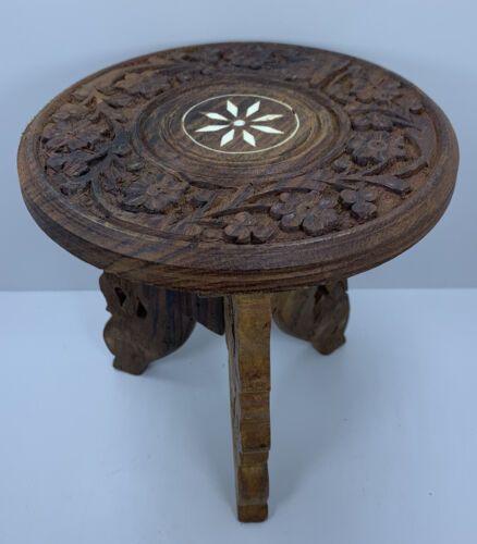 Vintage Hand Carved Wooden Plant Stand 6" Tall Inlaid Floral Made In  India (1) | Ebay Intended For Carved Plant Stands (View 5 of 15)