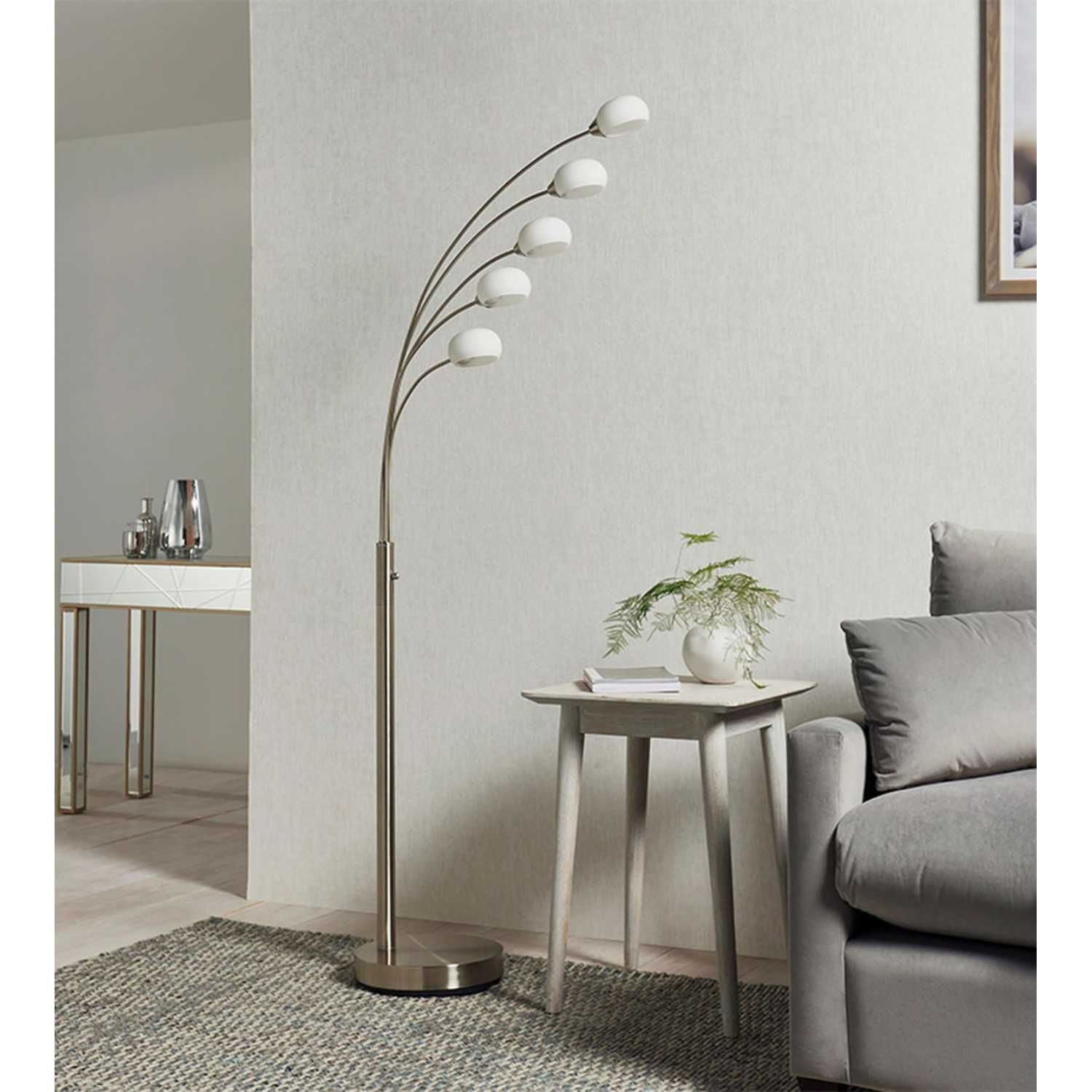 Vintage Silver Steel 5 Arm Dimmable Floor Lamp In Satin Nickel Finish With  White Glass – Cms Furniture With Regard To Glass Satin Nickel Floor Lamps (View 12 of 15)
