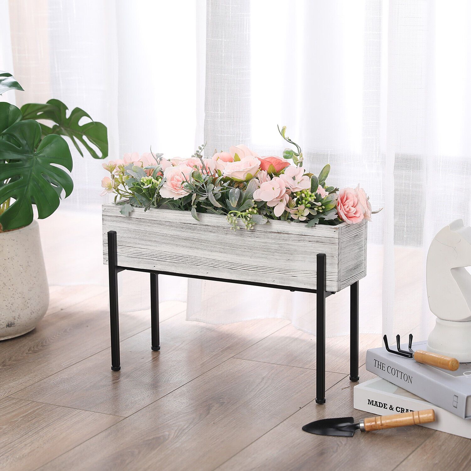 Whitewashed Wood Standing Planter Box, Raised Trough Style Indoor Plant  Holder | Ebay Throughout Plant Stands With Flower Box (View 3 of 15)