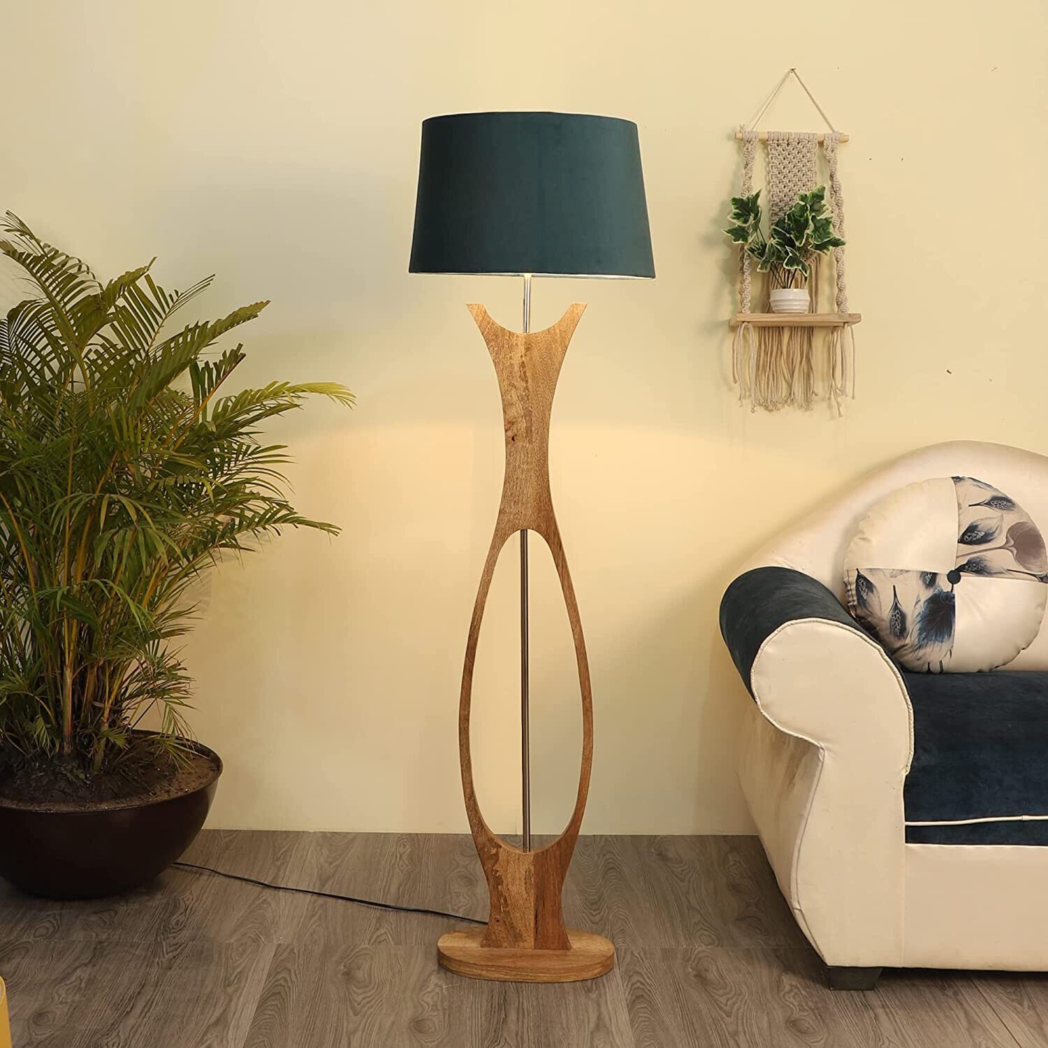 Wood Floor Lamp Mango Wood Floor Lamp Grey Velvet Shade Floor Lamp With  Natural | Ebay Regarding Mango Wood Floor Lamps (Photo 12 of 15)