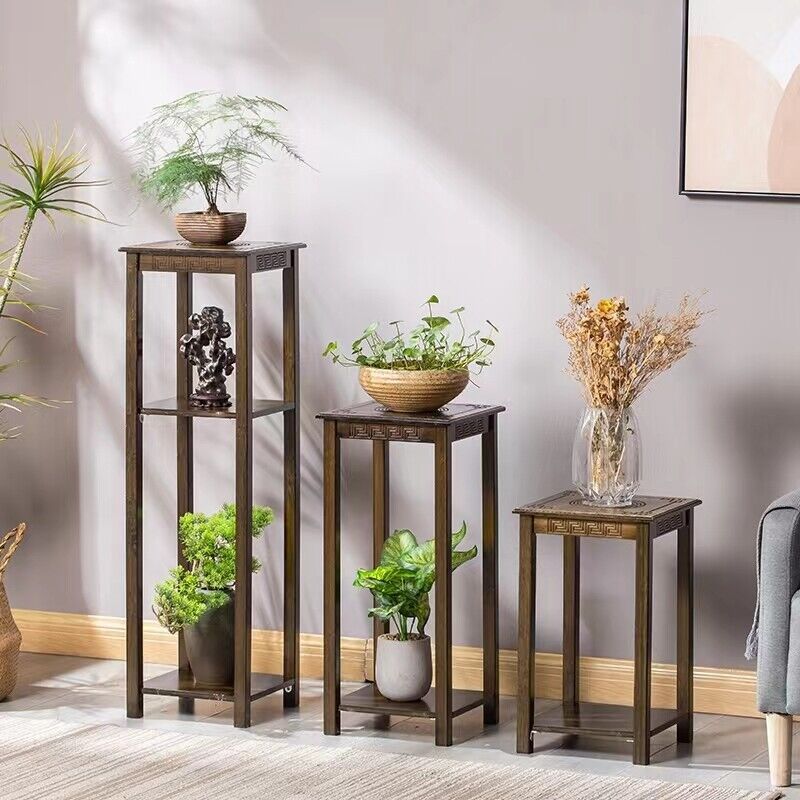 Wood Shelf Tall Plant Stand Heavy Bonsai Holder Side Table Book Rack End  Table | Ebay Regarding Plant Stands With Side Table (View 4 of 15)