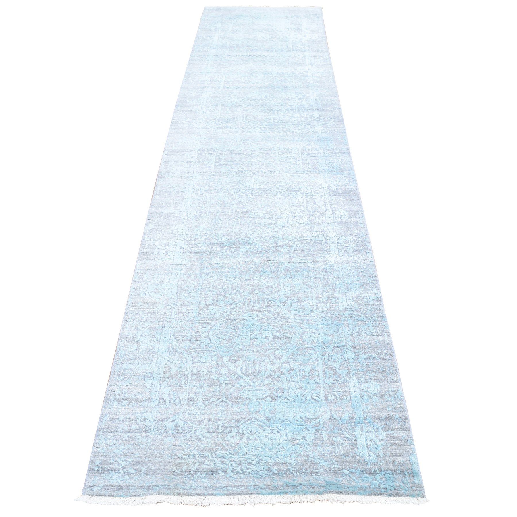 2'7"x14' Light Blue Wool And Pure Silk Hand Knotted Broken Persian Design  Oriental Xl Runner Rug – Carpets & Rugs Pertaining To Light Blue Runner Rugs (View 12 of 15)