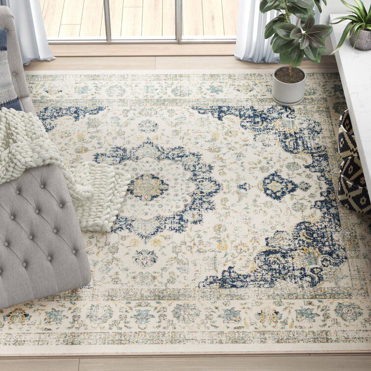 Bungalow Rose Ameesha Performance Ivory / Blue Rug & Reviews | Wayfair With Ivory Blue Rugs (Photo 4 of 15)