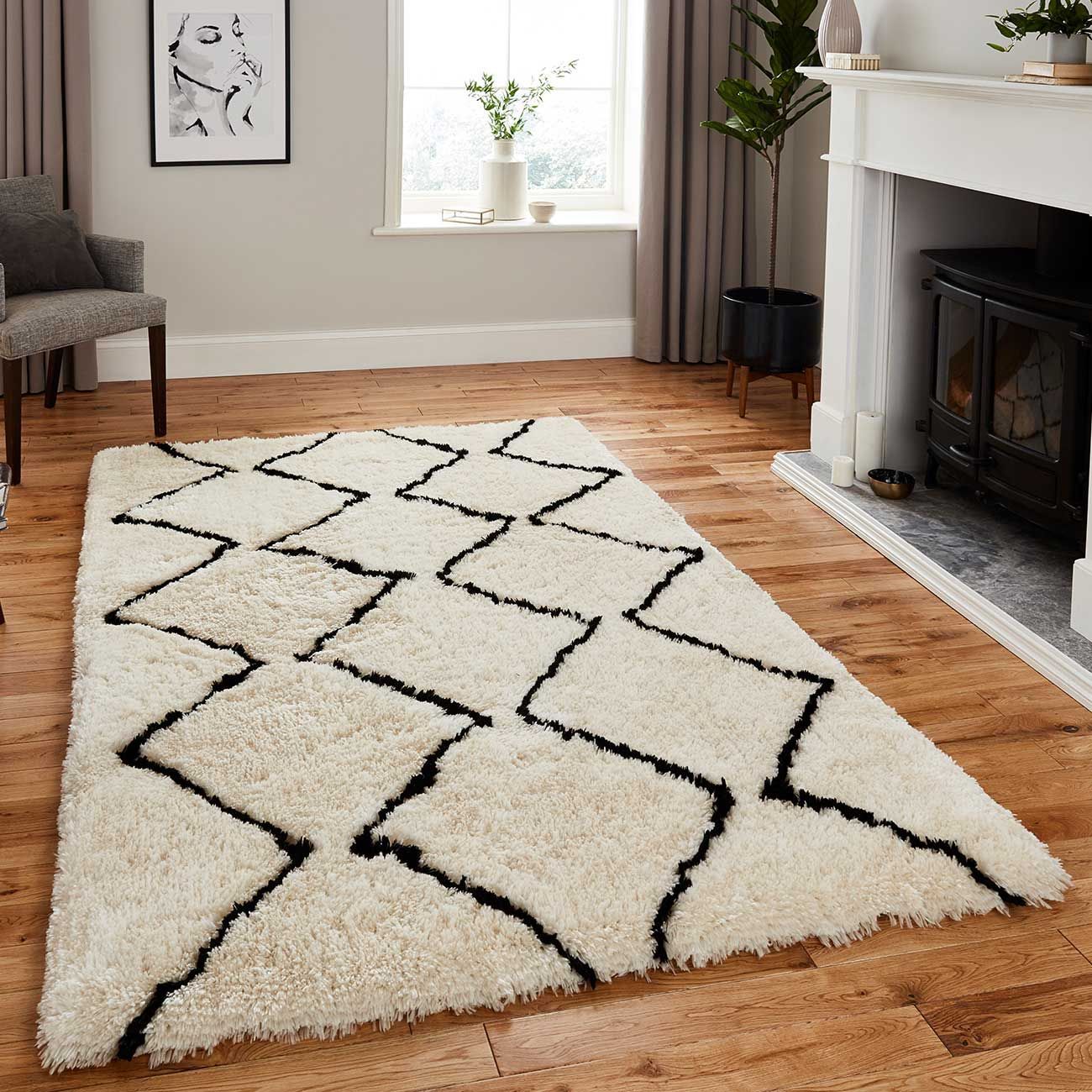 Buy Online Think Rugs Morocco 3742 Ivory/black Shaggy Rug – Therugshopuk Inside Ivory Black Rugs (View 6 of 15)