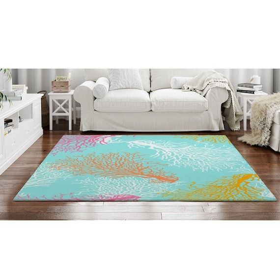 Coastal Rugs Colorful Coral Reef Area Rug Aqua Pink And Orange – Etsy With Pink And Aqua Rugs (Photo 5 of 15)