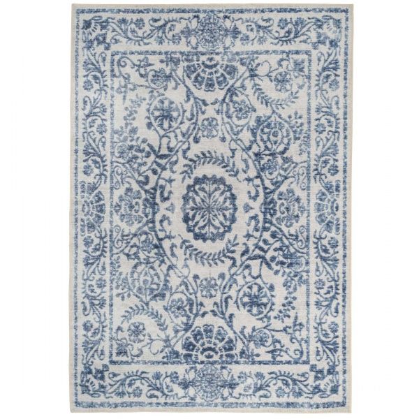 Distressed Blue Damask Washable Rug | Renuu | Kukoon Rugs Online Pertaining To Blue Rugs (View 7 of 15)