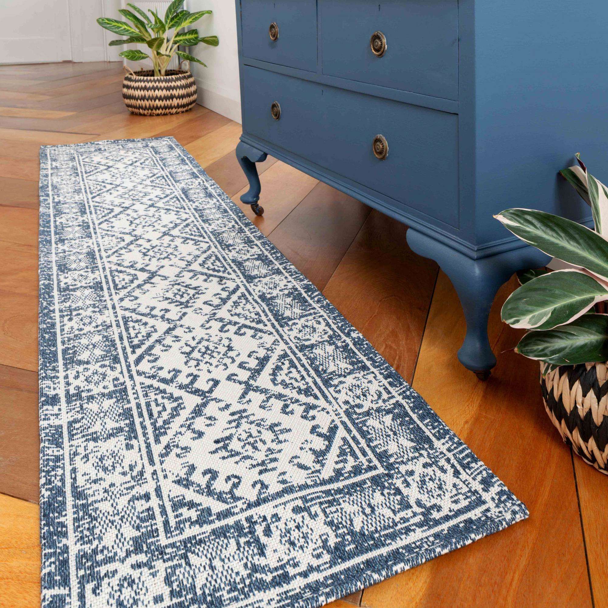 Distressed Vintage Blue Woven Sustainable Recycled Cotton Runner Rug |  Kendall | Kukoon Rugs Online Throughout Cotton Runner Rugs (Photo 3 of 15)