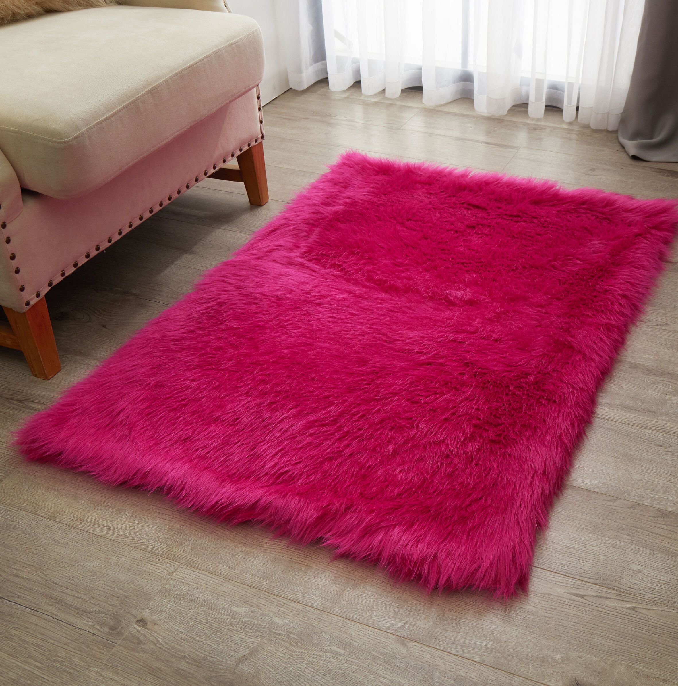 Everly Quinn Thurmont Faux Fur Pink Rug & Reviews | Wayfair For Pink Soft Touch Shag Rugs (View 6 of 15)