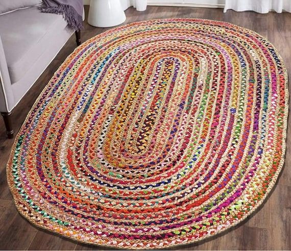Hand Braided Bohemian Colorful Jute Cotton Chindi Area Rug – Etsy With Hand Braided Rugs (Photo 1 of 15)