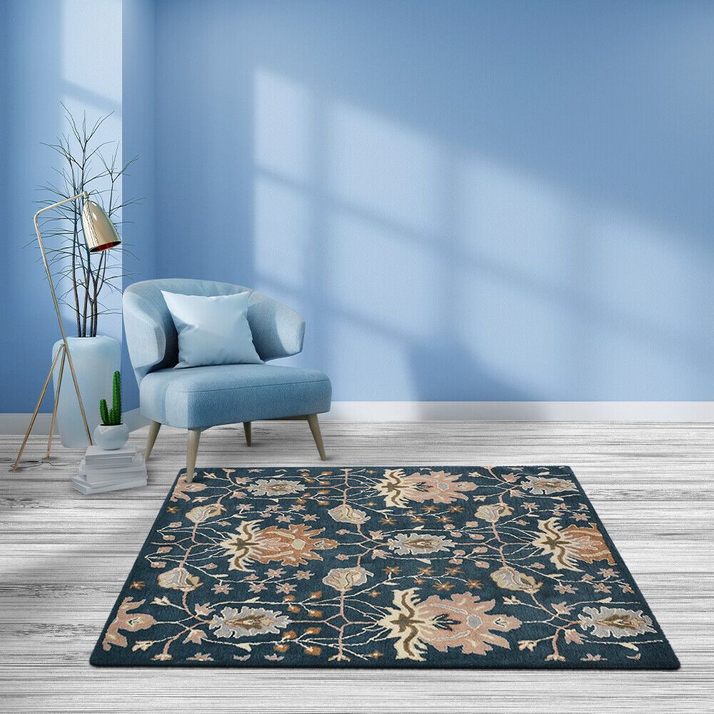 Hand Tufted Wool Square Rug Floral Blue Bbh Homes Bbk00522 | Ebay Inside Blue Square Rugs (View 15 of 15)