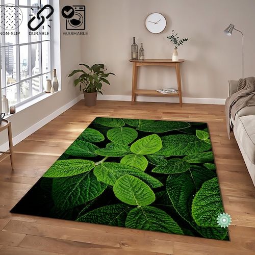 Leaf Print Rug Leaf Patio Ruggreen Nature Carpetcool – Etsy Inside Green Outdoor Rugs (Photo 10 of 15)