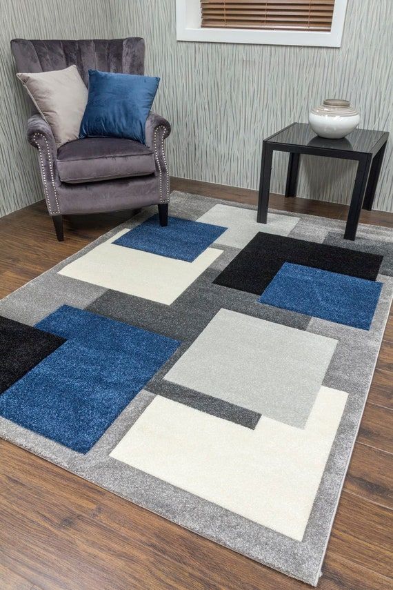 Living Room Rugs Mat Blue Navy Square Design – Etsy Uk Pertaining To Blue Square Rugs (View 13 of 15)