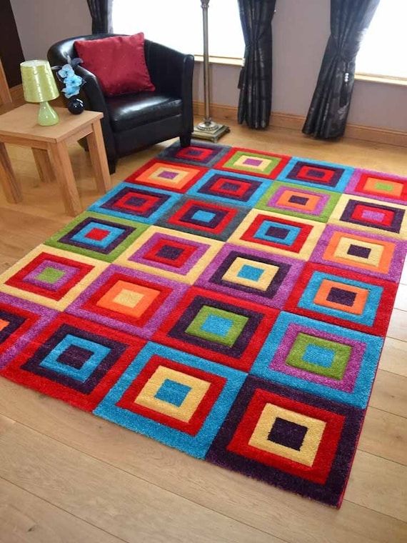 Living Room Rugs Mat Bright Multi Rainbow Square Design – Etsy Italia Intended For Square Rugs (Photo 1 of 15)