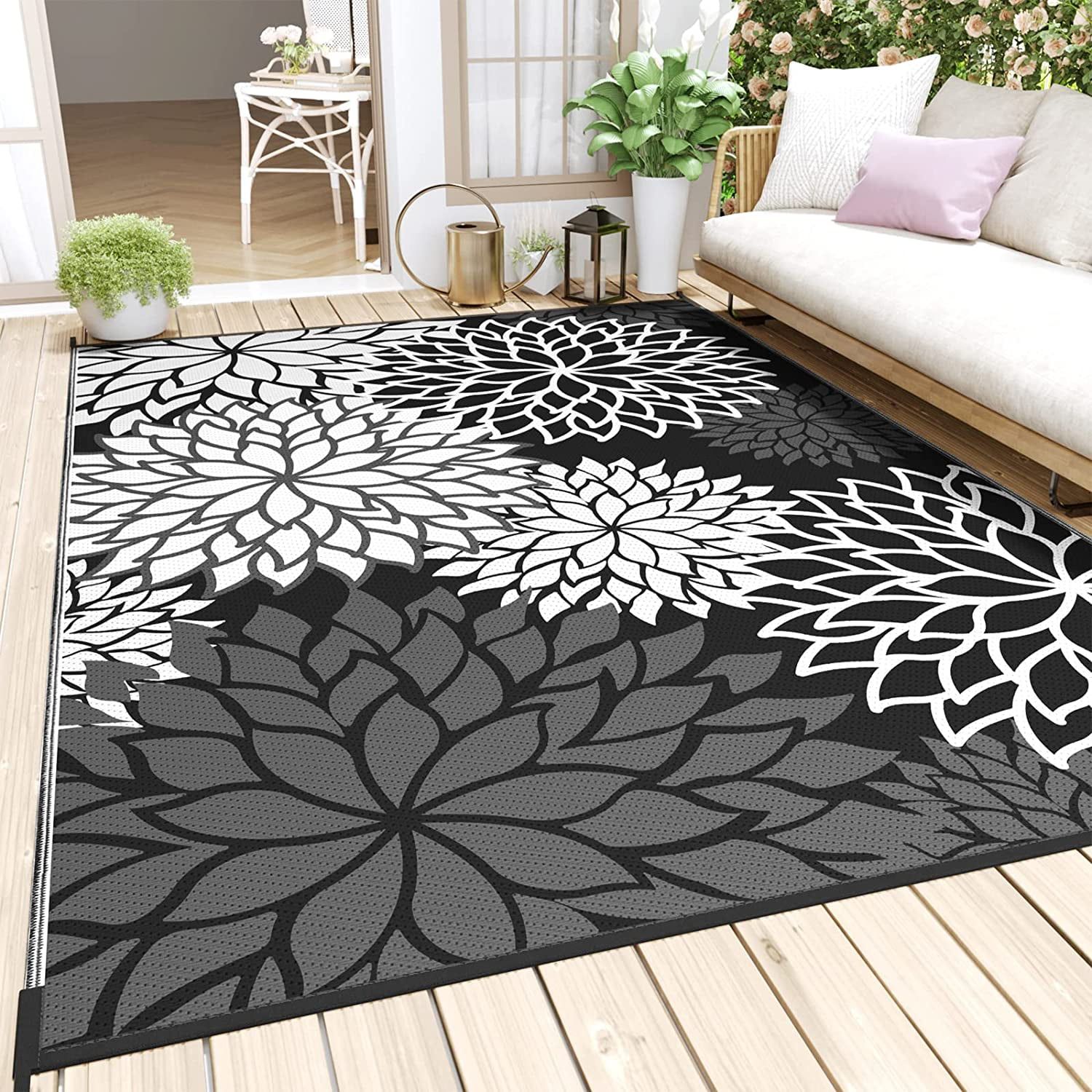 Montvoo Outdoor Rug Carpet 6x9 Waterproof Patio Rug Reversible Floral  Outdoor Plastic Straw Rugs For Patio Decor Indoor Outdoor Area Rug For  Balcony Porch Backyard Camping Mat Rug Black And White – Inside Black Outdoor Rugs (View 13 of 15)