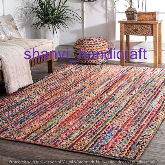 Natural Jute & Cotton Braided Rug Rag Multi Color Floor Decor – Etsy Throughout Hand Woven Braided Rugs (View 7 of 15)