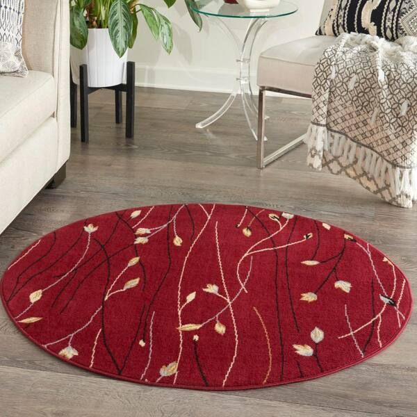 Nourison Grafix Red 5 Ft. X 5 Ft. Botanical Contemporary Round Area Rug  810366 – The Home Depot Throughout Botanical Oval Rugs (Photo 15 of 15)