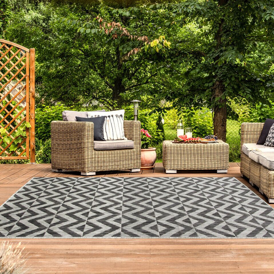 Outdoor Indoor Patio Area Rugs | Garden Flatweave Rugs | Charcoal Geometric  Rug | Ebay Pertaining To Charcoal Outdoor Rugs (View 6 of 15)