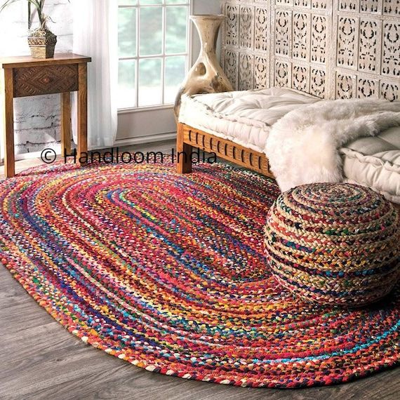Oval Hand Braided Chindi Rug Runner Hand Woven Recycled Cotton – Etsy Intended For Hand Woven Braided Rugs (Photo 1 of 15)