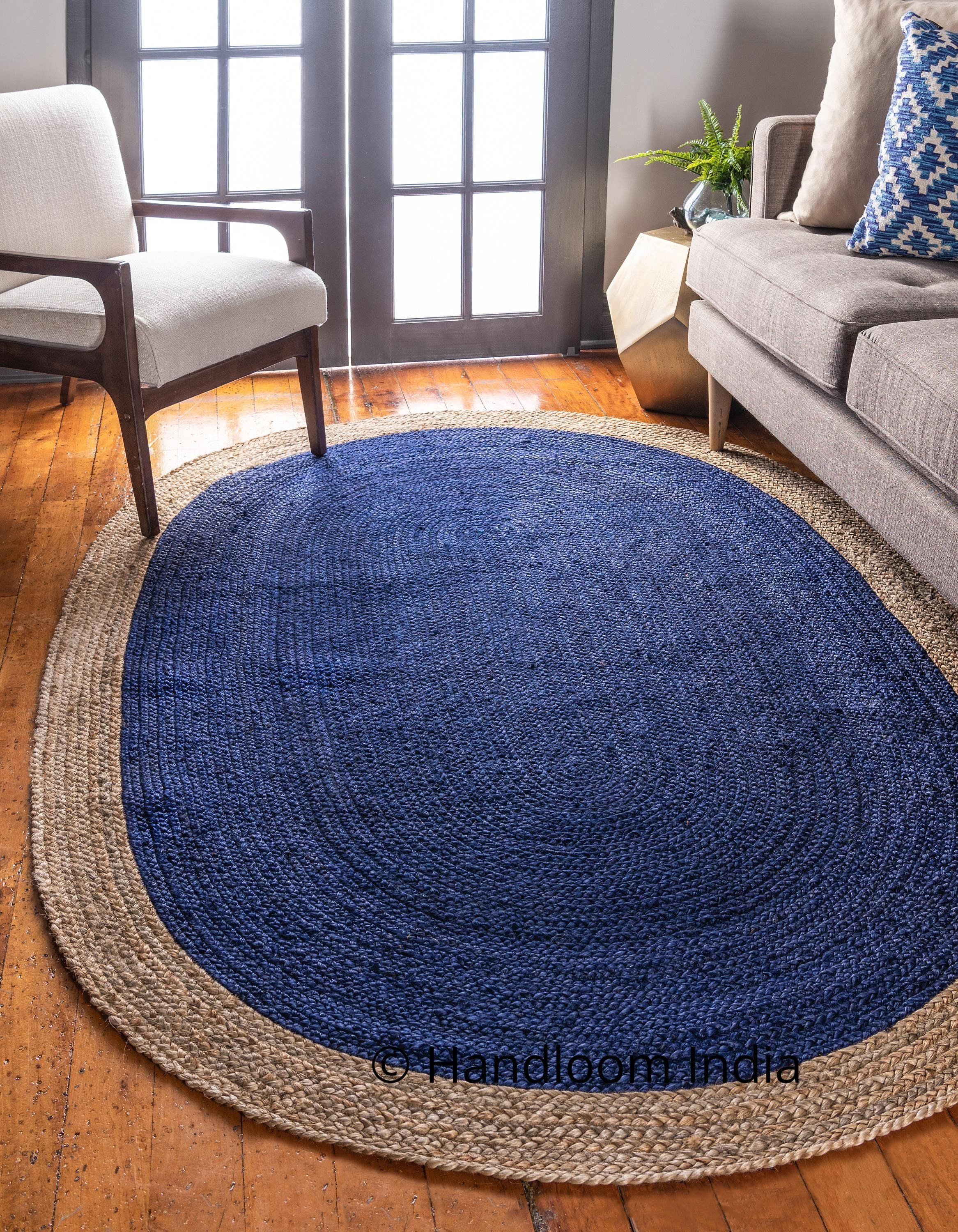Oval Navy Blue Hand Woven Jute Rugs Indian Braided Jute Rug – Etsy For Blue Oval Rugs (Photo 1 of 15)