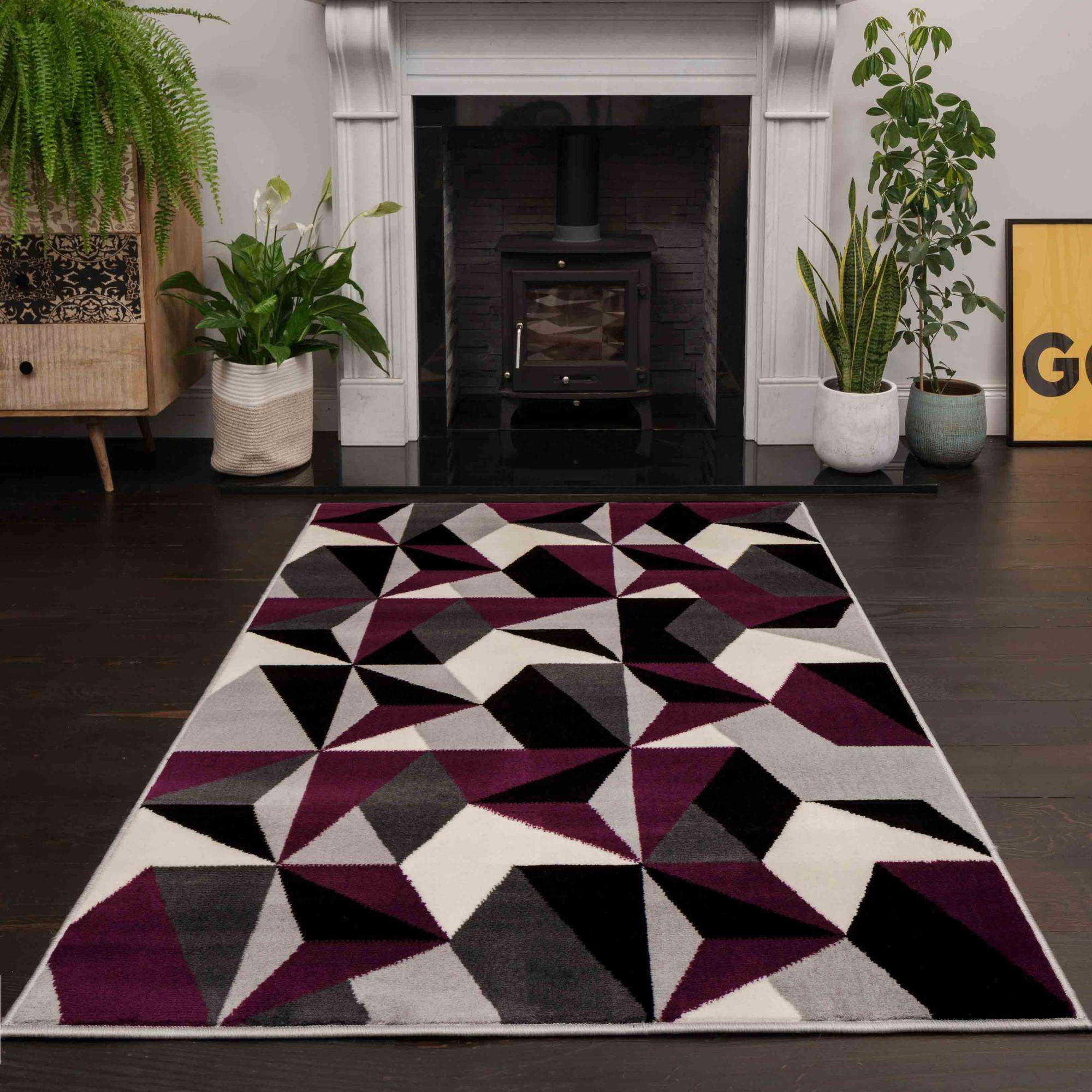 Purple Grey Modern Geometric Living Room Rugs | Milan | Kukoon Rugs Online Throughout Purple Rugs (Photo 13 of 15)