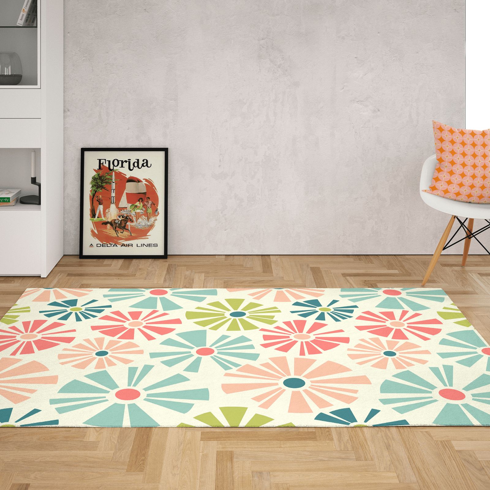 Retro Coral Olive Aqua Teal Pink Beige Mod Groovy Floral Area Rug | Ebay Intended For Pink And Aqua Rugs (View 7 of 15)