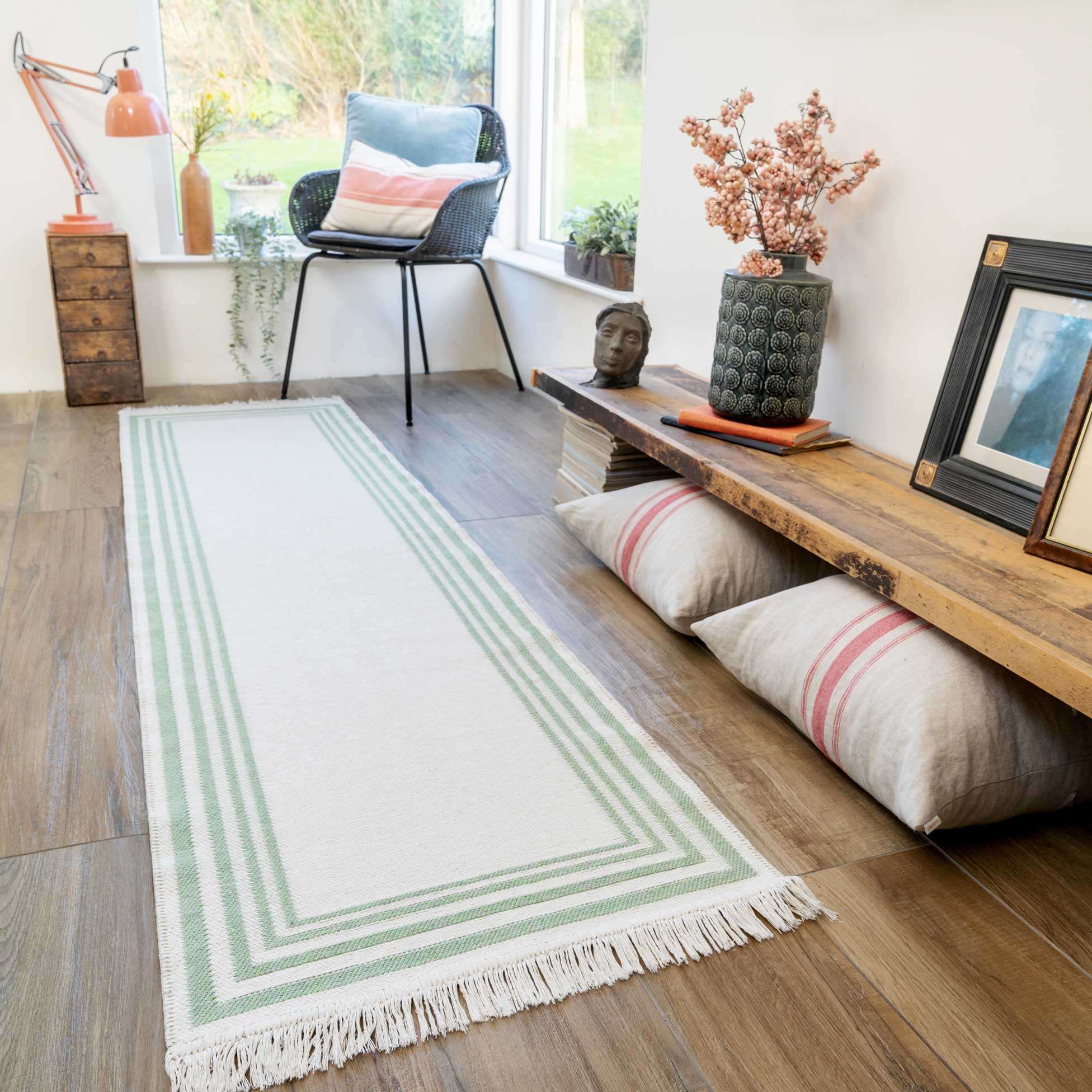 Reversible Cotton Cream Green Runner Rug | Kyoto | Kukoon Rugs Online With Cotton Runner Rugs (Photo 1 of 15)