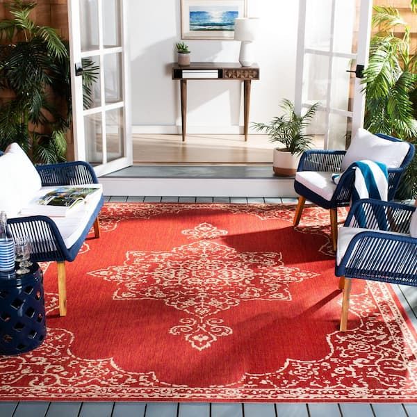 Safavieh Beach House Red/cream 8 Ft. X 8 Ft. Solid Medallion Floral  Indoor/outdoor Patio Square Area Rug Bhs180q 8sq – The Home Depot Throughout Coastal Square Rugs (Photo 3 of 15)