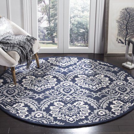 Safavieh Blossom Jermaine Geometric Floral Wool Area Rug, Navy/ivory, 6' X  6' Round – Walmart | Floral Area Rugs, Wool Area Rugs, Area Rugs Intended For Ivory Blossom Round Rugs (View 4 of 15)