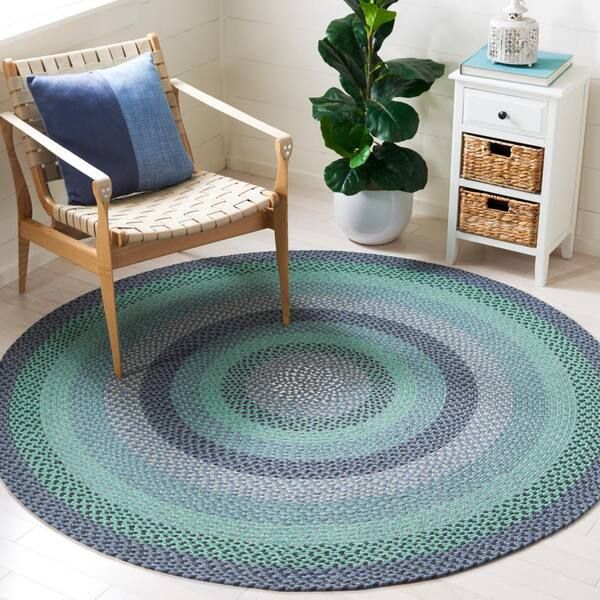 Safavieh Braided Gray/green 6 Ft. X 6 Ft. Striped Border Round Area Rug  Brd651f 6r – The Home Depot Within Border Round Rugs (Photo 7 of 15)