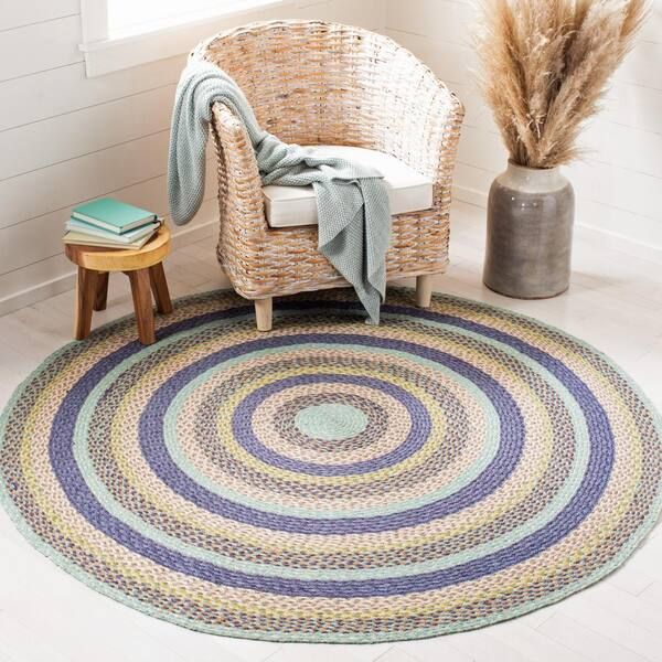 Safavieh Cape Cod Blue/green 6 Ft. X 6 Ft. Braided Striped Border Round  Area Rug Cap241m 6r – The Home Depot Within Border Round Rugs (Photo 14 of 15)