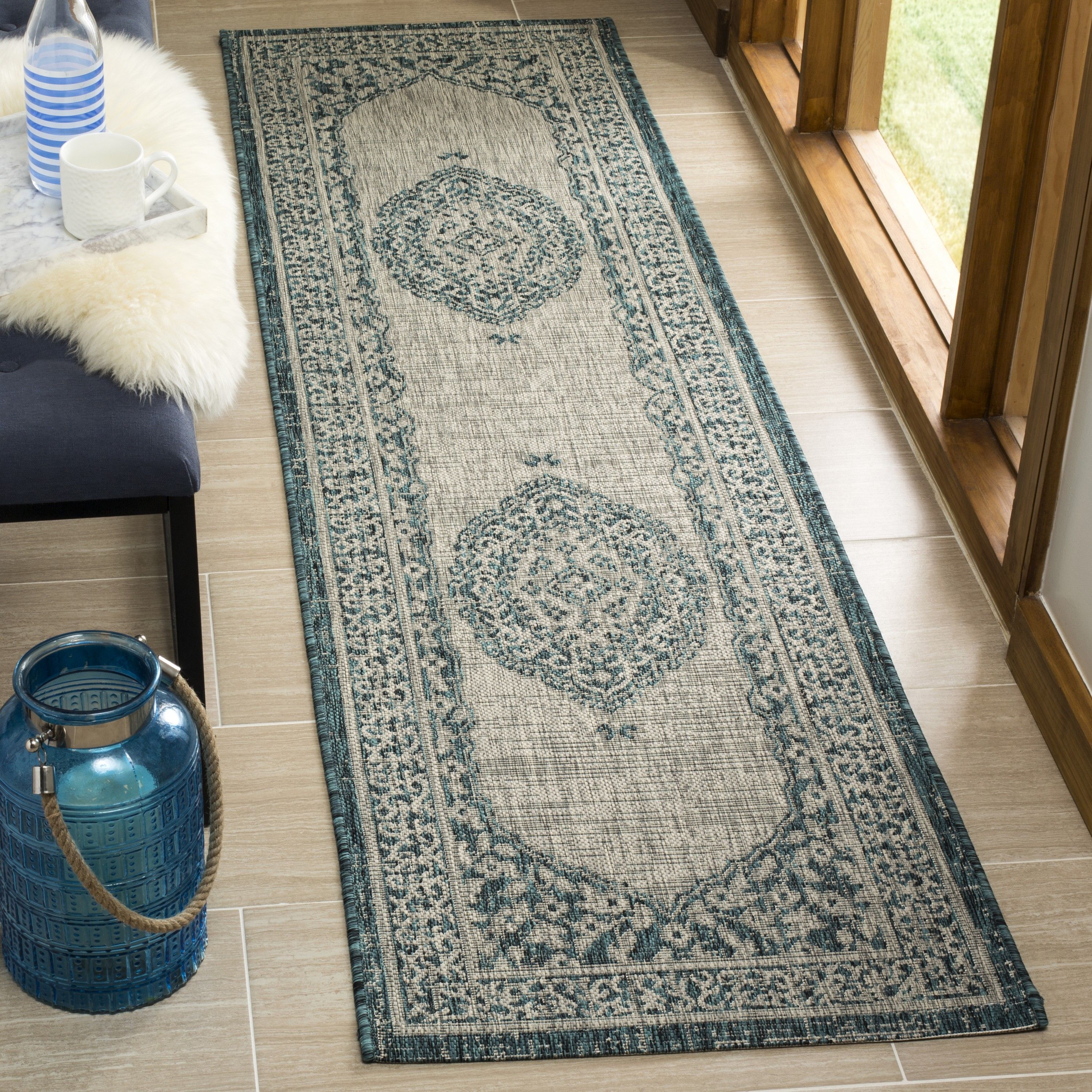 Safavieh Courtyard Napa 2 X 12 Light Gray/teal Indoor/outdoor  Distressed/overdyed Coastal Runner Rug In The Rugs Department At Lowes Inside Napa Indoor Rugs (View 5 of 15)