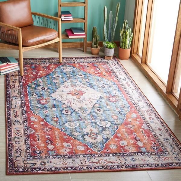 Safavieh Tucson Beige/blue 8 Ft. X 8 Ft. Machine Washable Floral Border  Square Area Rug Tsn104b 8sq – The Home Depot With Regard To Blue Tucson Rugs (Photo 3 of 15)
