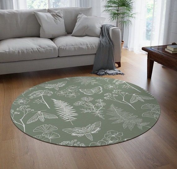 Sage Green Round Area Rug Neutral Botanical Bedroom Rug – Etsy Finland Throughout Botanical Rugs (View 15 of 15)