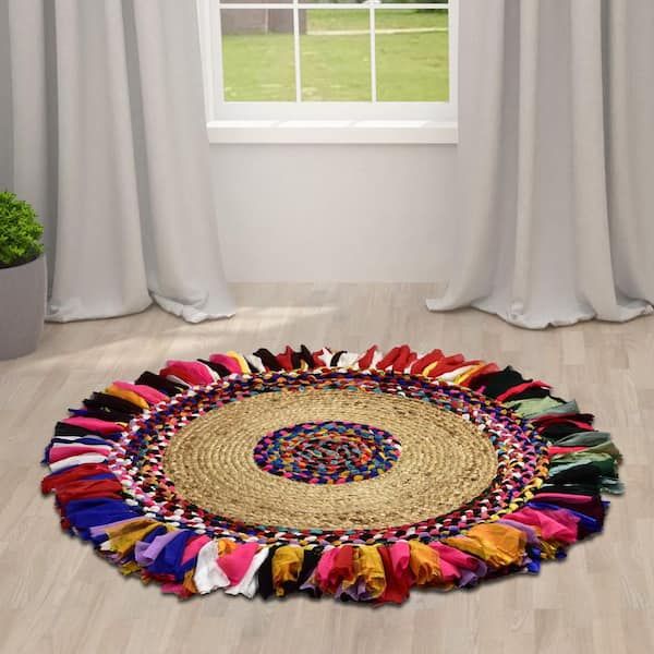 Spitiko Homes Spitiko Homes Multi Natural 40 In. Round Hand Braided  Jute/polyester Area Rug 2021 00027 – The Home Depot Pertaining To Hand Braided Rugs (Photo 9 of 15)
