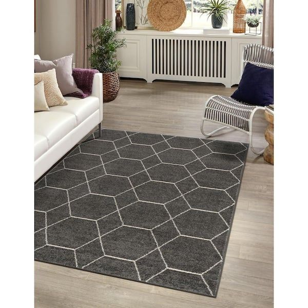 Stylewell Trellis Frieze Dark Gray/ivory 8 Ft. X 10 Ft. Geometric Area Rug  3140889 – The Home Depot For Ivory Lattice Frieze Rugs (Photo 2 of 15)