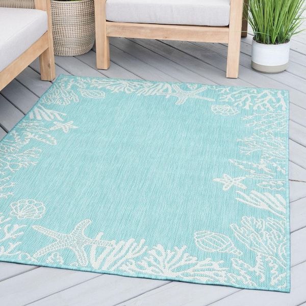 Tayse Rugs Eco Coastal Aqua 4 Ft. X 6 Ft. Indoor/outdoor Area Rug Eco1506  4x6 – The Home Depot Intended For Aqua Rugs (Photo 4 of 15)