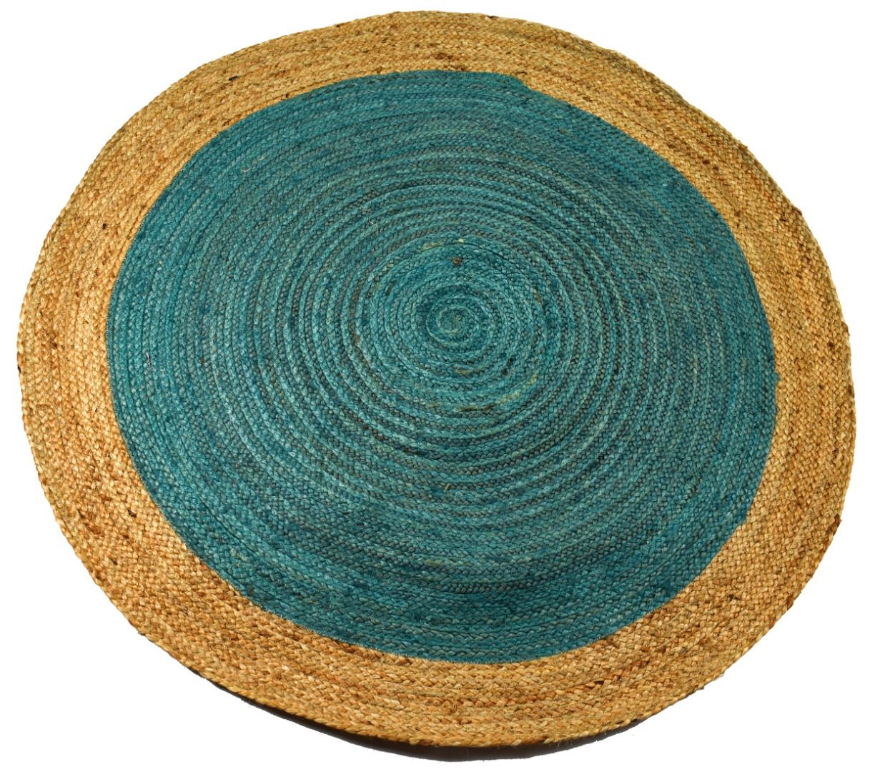 Turquoise Coloured Jute Round Rug With Natural Border | Ebay Pertaining To Border Round Rugs (View 9 of 15)