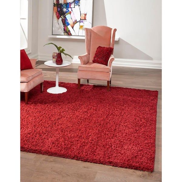 Unique Loom Solid Shag Cherry Red 8 Ft. Square Area Rug 3126273 – The Home  Depot With Red Solid Shag Rugs (Photo 2 of 15)