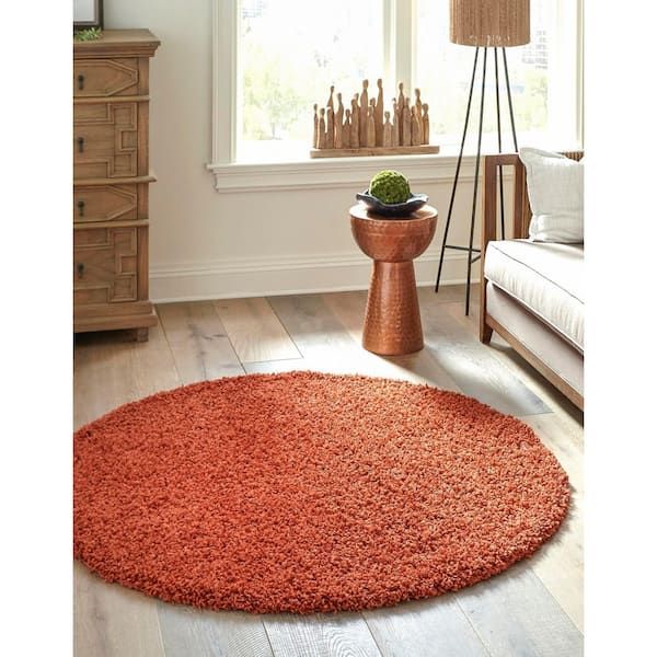 Unique Loom Solid Shag Terracotta 6 Ft. Round Area Rug 3127825 – The Home  Depot With Regard To Solid Shag Round Rugs (Photo 4 of 15)