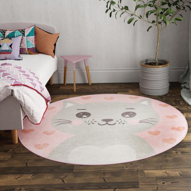 Unique Loom Whimsy Meow Baby Pink/gray Kid Rug | Wayfair Pertaining To Pink Whimsy Kids Round Rugs (View 5 of 15)
