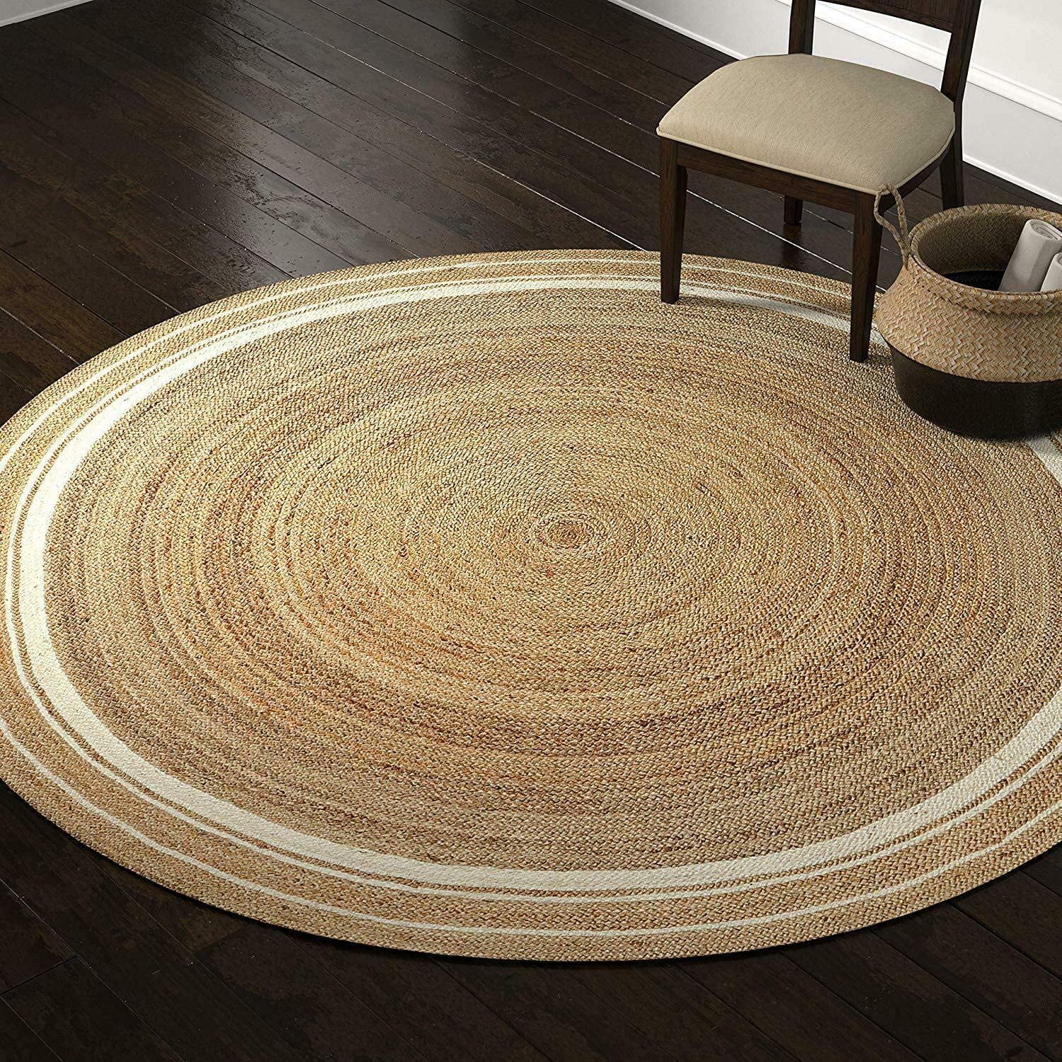 White Border Handmade Hand Woven Boho Braided Jute Area Rug Natural Fibers Round  Rugs For Living Room, Kitchen, Indoor & Outdoor Carpet  12” Feet (144 Inch)  – Walmart In Border Round Rugs (View 6 of 15)