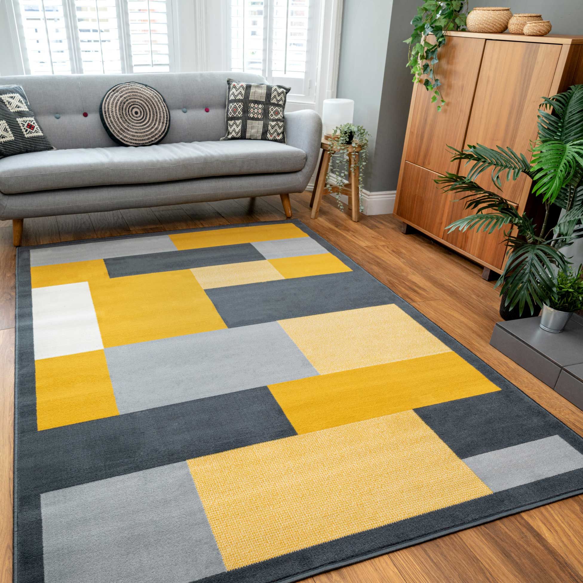 Yellow Grey Modern Geometric Bedroom Rugs | Milan | Kukoon Rugs Online Within Yellow Rugs (View 6 of 15)