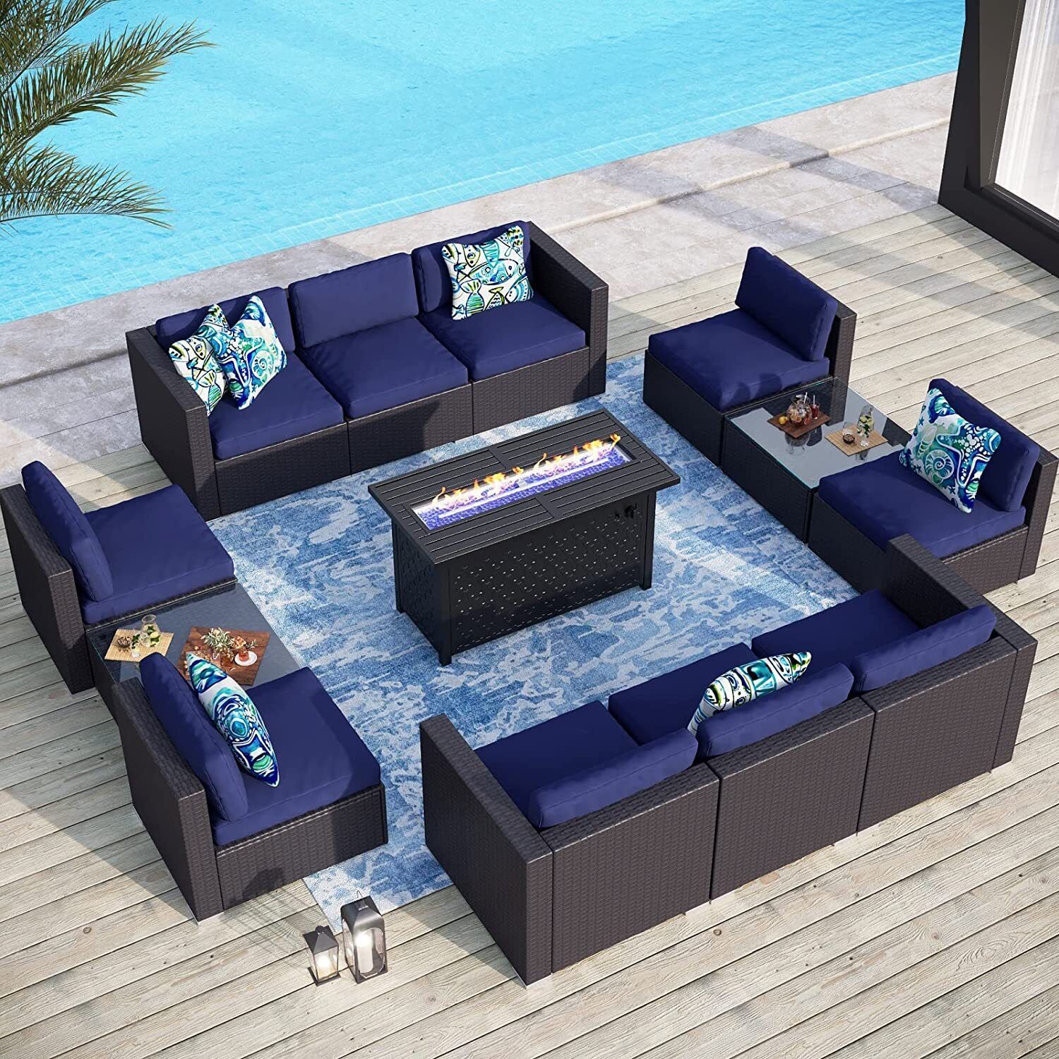 13 Piece Rattan Furniture Set W/ Fire Pit Table Patio Wicker Sectional Sofa  Set | Ebay For Fire Pit Table Wicker Sectional Sofa Set (Photo 15 of 15)