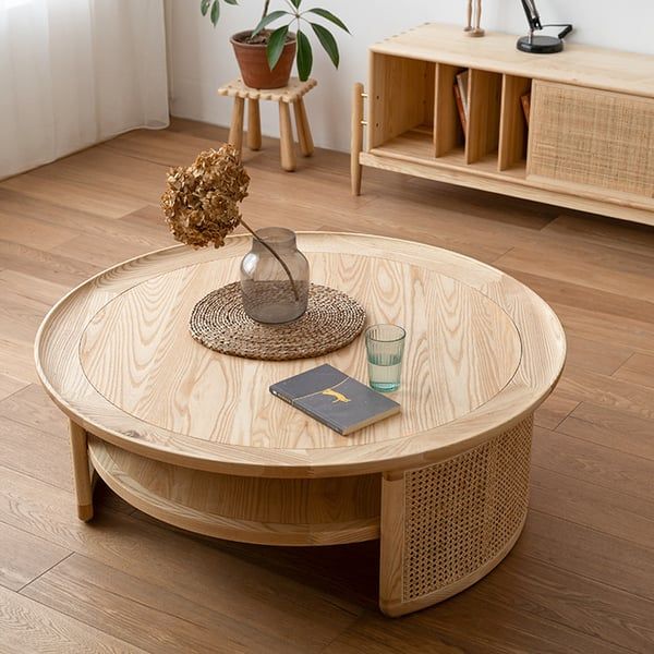 2 Tiered Japandi Round Wood Coffee Table With Rattan Base Homary For Outdoor 2 Tiers Storage Metal Coffee Tables (Photo 11 of 15)