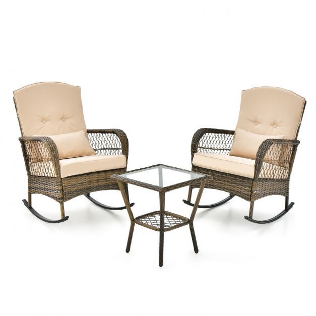 3 Piece Outdoor Rocking Chair Set With Cozy Cushions And Pillow – Costway With Regard To 3 Piece Cushion Rocking Chair Set (View 2 of 15)