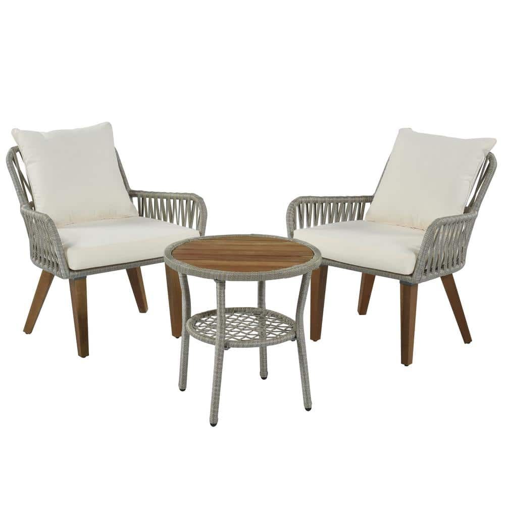 3 Piece Woven Rope Patio Conversation Set With Gray Rope And Beige Cushion  Wy 20 – The Home Depot Inside Woven Rope Outdoor 3 Piece Conversation Set (View 9 of 15)