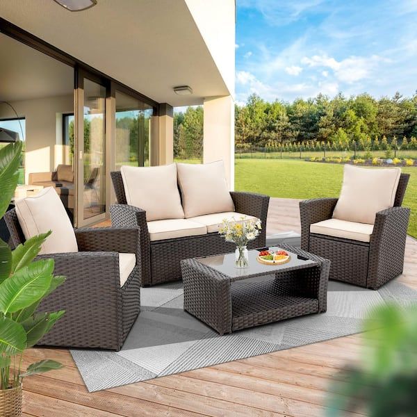 4 Piece Brown Wicker Rattan Outdoor Sectional Sofa Set With Khaki Cushions  For Backyard, Poolside, Deck Zq Ggot0211kh – The Home Depot In 4 Piece Outdoor Wicker Seating Set In Brown (Photo 3 of 15)